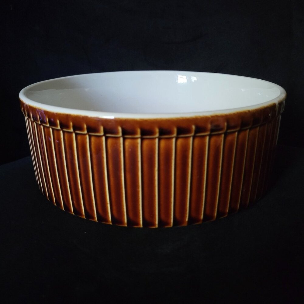 Vintage Brown Glazed 8" Ribbed Stoneware Casserole Soufflé Dish